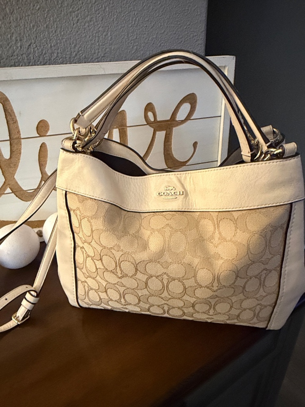 Coach Beige Signature Canvas Shoulder Bag with Cream Trim